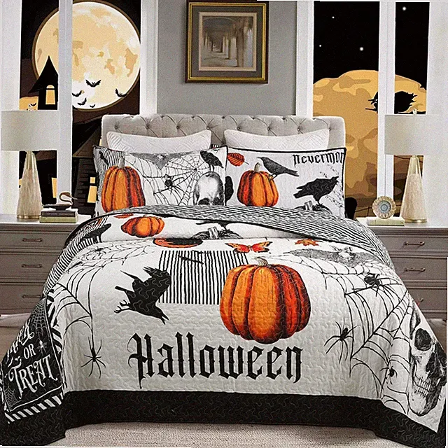 3 Pcs Halloween Themed Quilt Bedspread Set - Cozy and Spooky Pumpkin and Ghos...