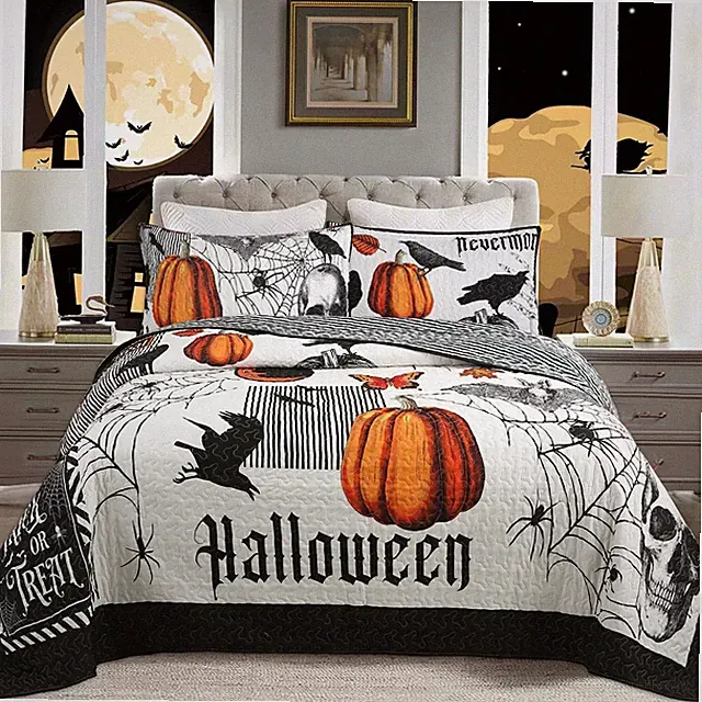 3 Pcs Halloween Themed Quilt Bedspread Set Cozy and Spooky Pumpkin Ghost ME500