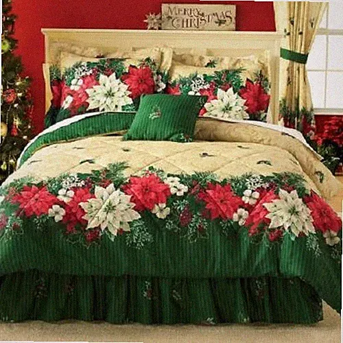 3Pc Twin Poinsettia Border Comforter Set Green Floral Holiday Flowers Comforter