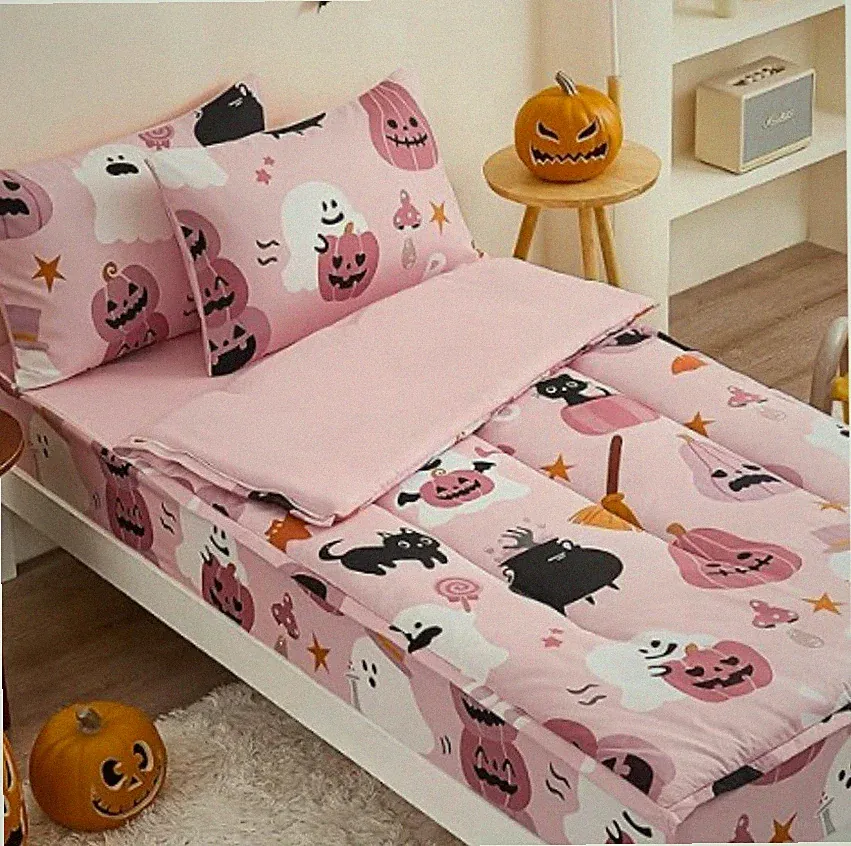 3Pcs Halloween Styles Zip Up Bedding Comforter Set, Pink Pumpkin and Ghost