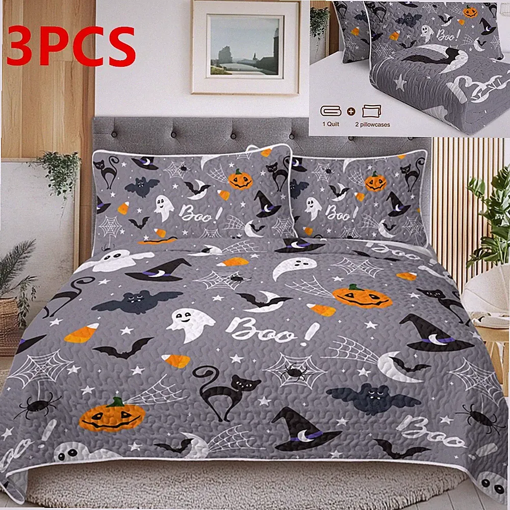 3PCS Quilt Sets Halloween Bat Ghost Coverlet Bedspreads Bedding Set All Seasons