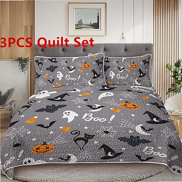 3PCS Soft Quilt Set Halloween Bat Ghost Coverlet Bedding Set All Seasons Bedroom