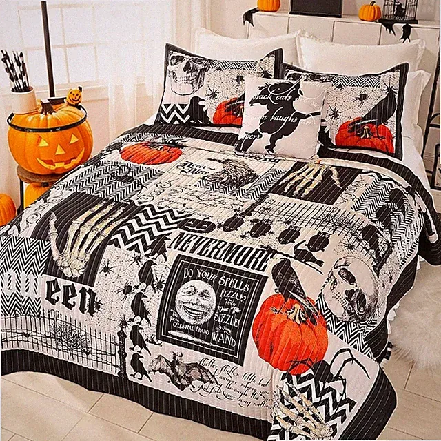 4 Piece Halloween Quilt Set Queen Size Bedspread Pumpkin Ghost Coverlet 90"x90"