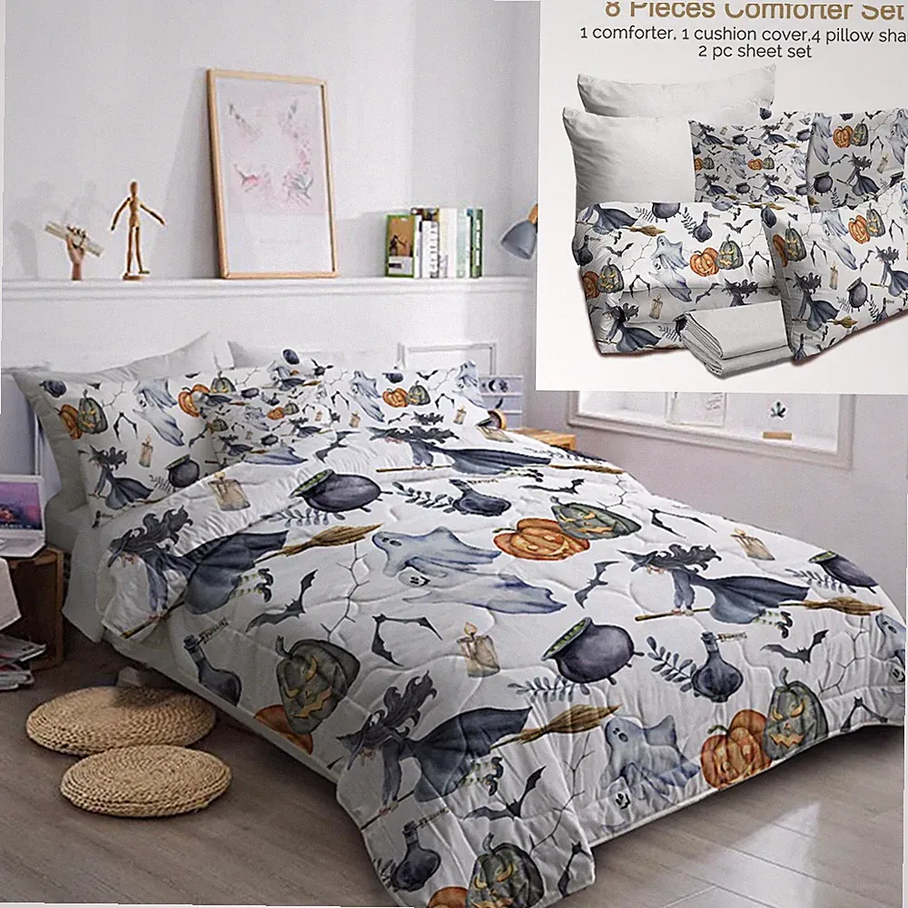 8Pcs Halloween Duvet Cover Set BlessLiving Witch Comforter Bedding Set Bedroom