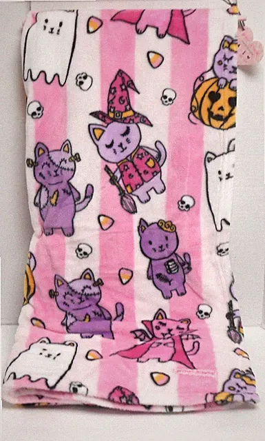 Betsey Johnson Halloween Pink & White Stripe Plush Throw 50" x 60" CATS