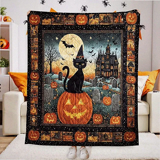 Black Cat Halloween Quilt Blanket Witch Cat Pumpkin Throw Spooky Haunted House G