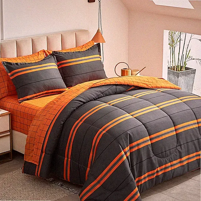 Boho Striped Halloween King Bed in a Bag Set - Orange & Black 7 Pieces