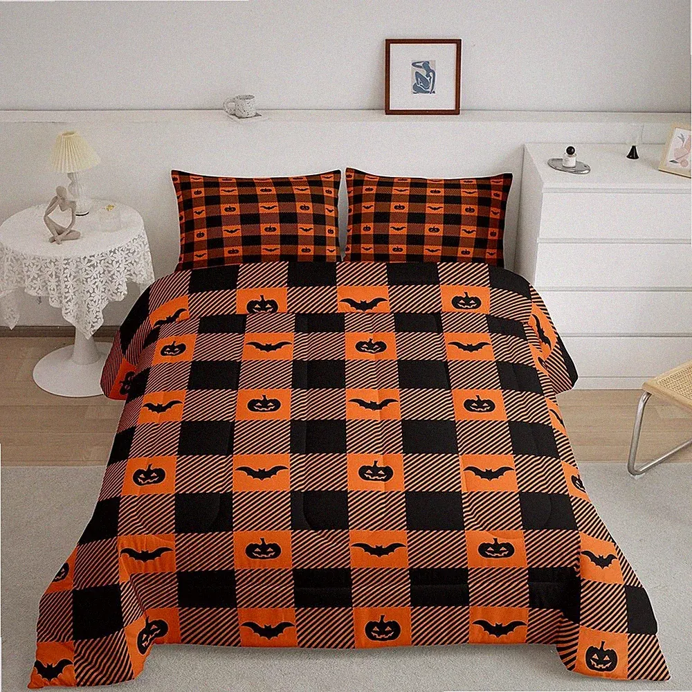 Cartoon Pumpkin Lantern Bats Bedding Set Halloween Comforter Set Twin Size