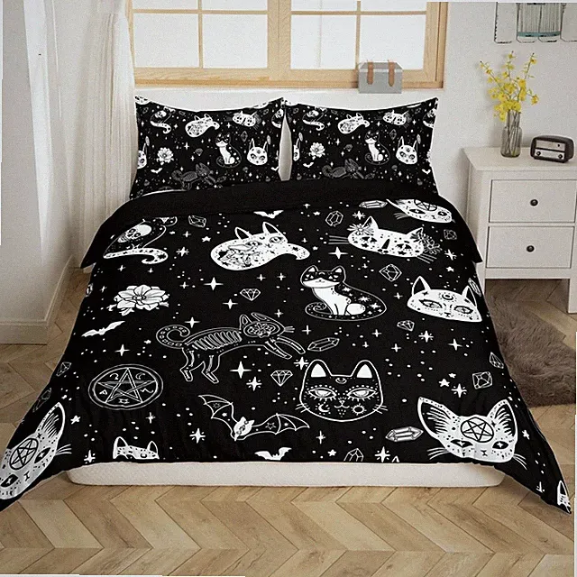 Cat Skeleton Duvet Cover Set Twin Size Halloween Theme Gothic Bedding Set for...