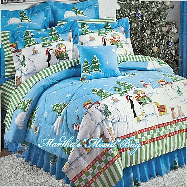 CHRISTMAS HOLIDAY SNOWMAN & Friends Blue K/Q/F/T Size Comforter and Sheet Set