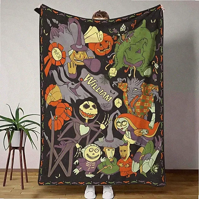Custom Name Spooky Skeleton Couple Flannel Blanket Halloween Gift Throw