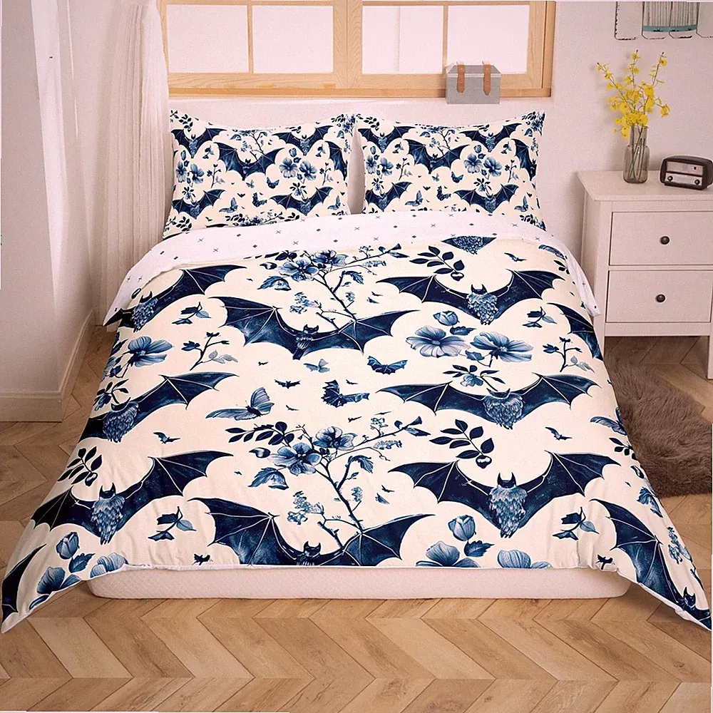 Feelyou Bats Halloween Duvet Cover Floral Bat Twin Size Bedding Set Decoratio...