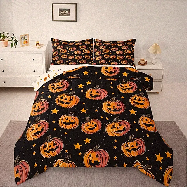 Halloween Decor Comforter Set Cartoon Pumpkin Bedding Set with 2 Pillow cases