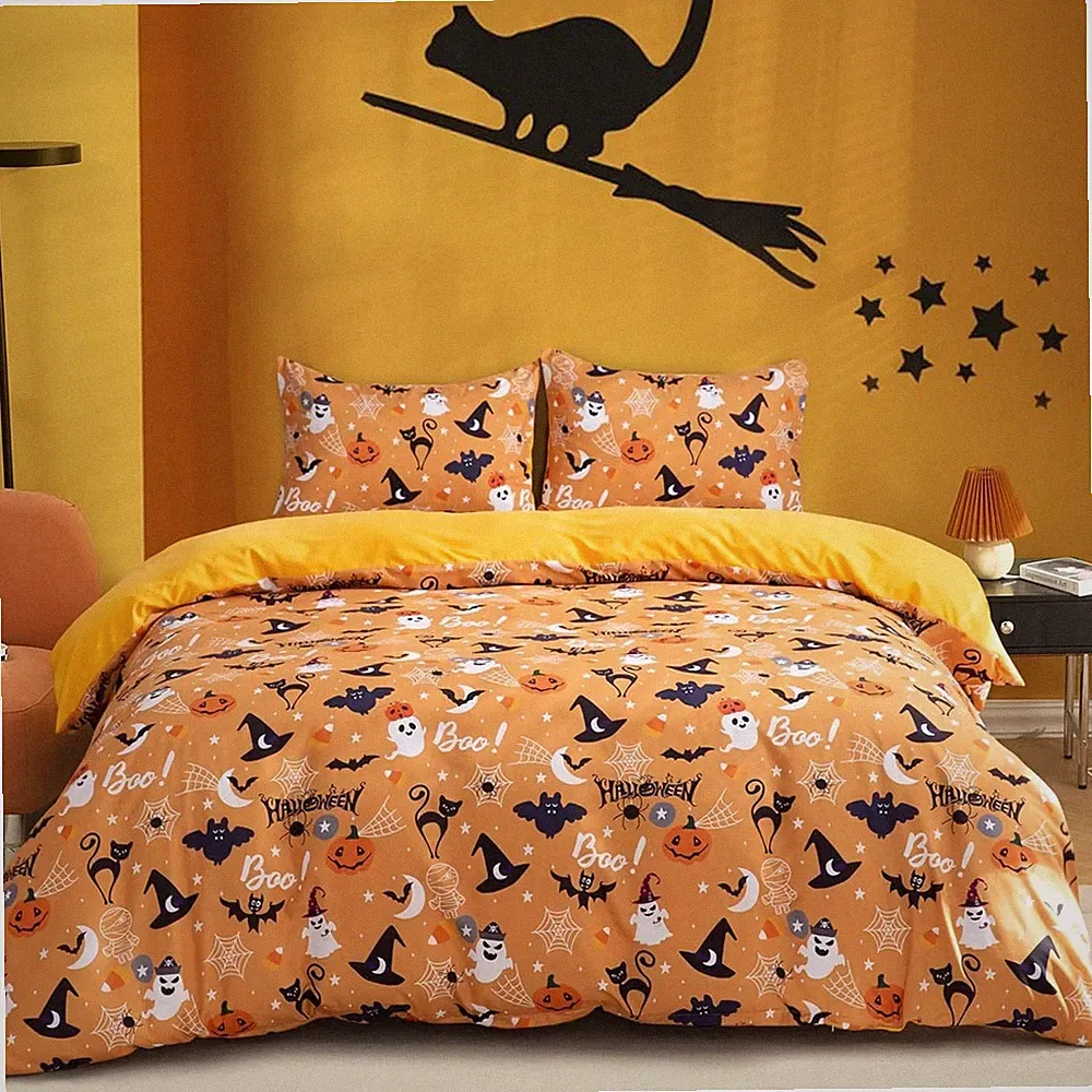 🎃Halloween Duvet Cover Set Queen Size Pumpkin Bat Tombstone Witch Hat Cobweb