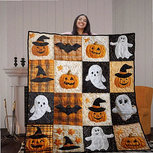 Halloween Ghost Pumpkin Quilt Blanket Spooky Cozy Fall Throw Decor Gift Home