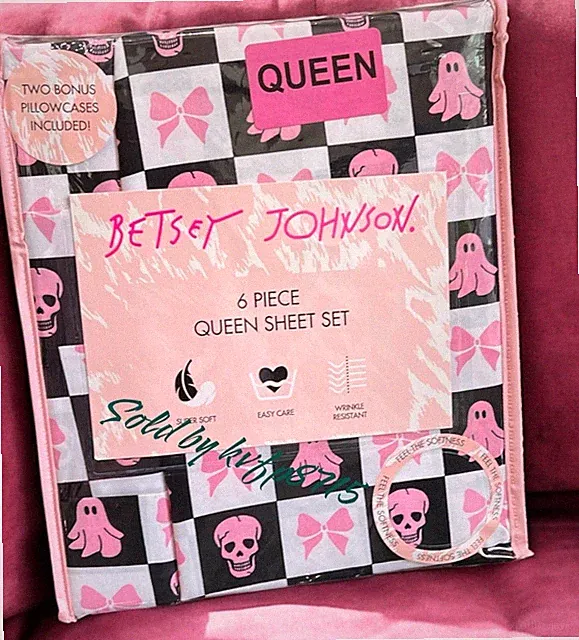 Halloween Ghost, Skull, Bow Check Pink Queen Sheet Set 6 Piece Betsy Johnson