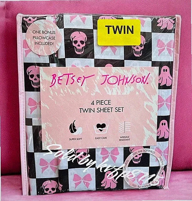 Halloween Ghost, Skull, Bow Check Pink Twin Sheet Set 4 Piece Betsy Johnson