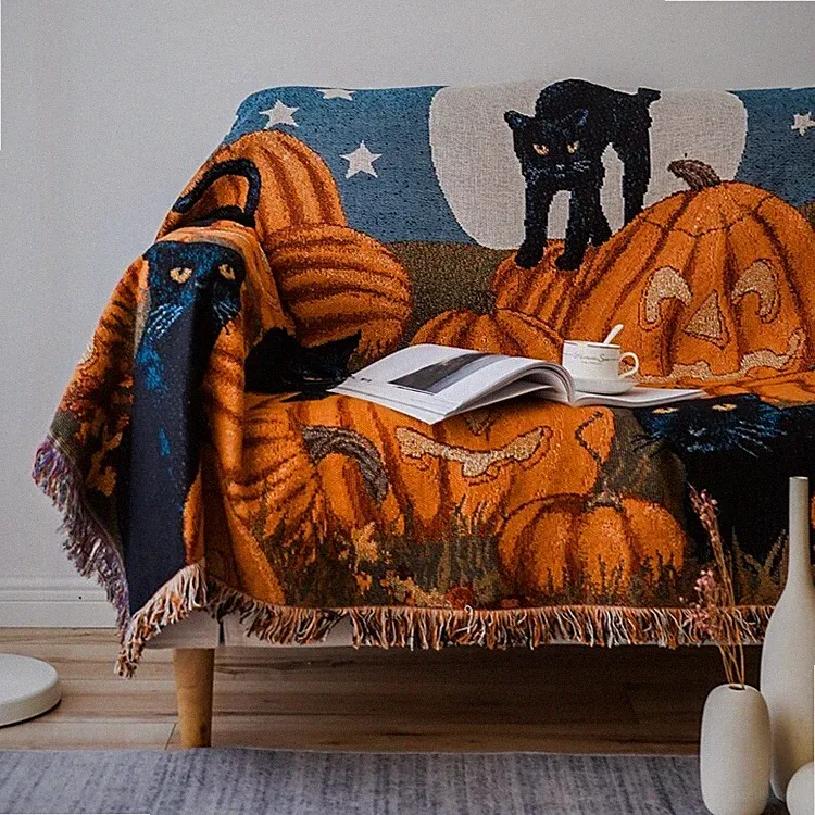 Halloween Pumpkin Black Cat Cotton and Polyester Blanket Throw