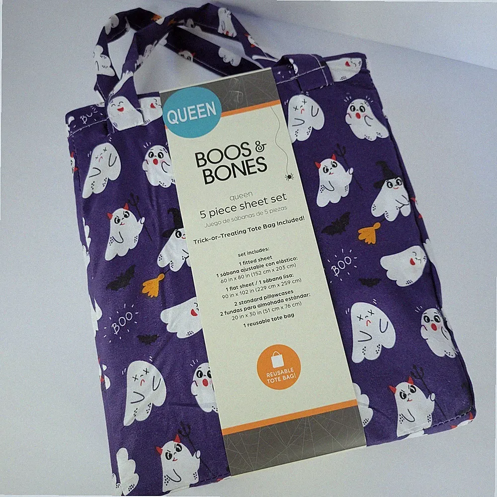 Halloween Purple White Cheeky Ghosts Boos Bones QUEEN 5pc Sheet Set Boys Bedding