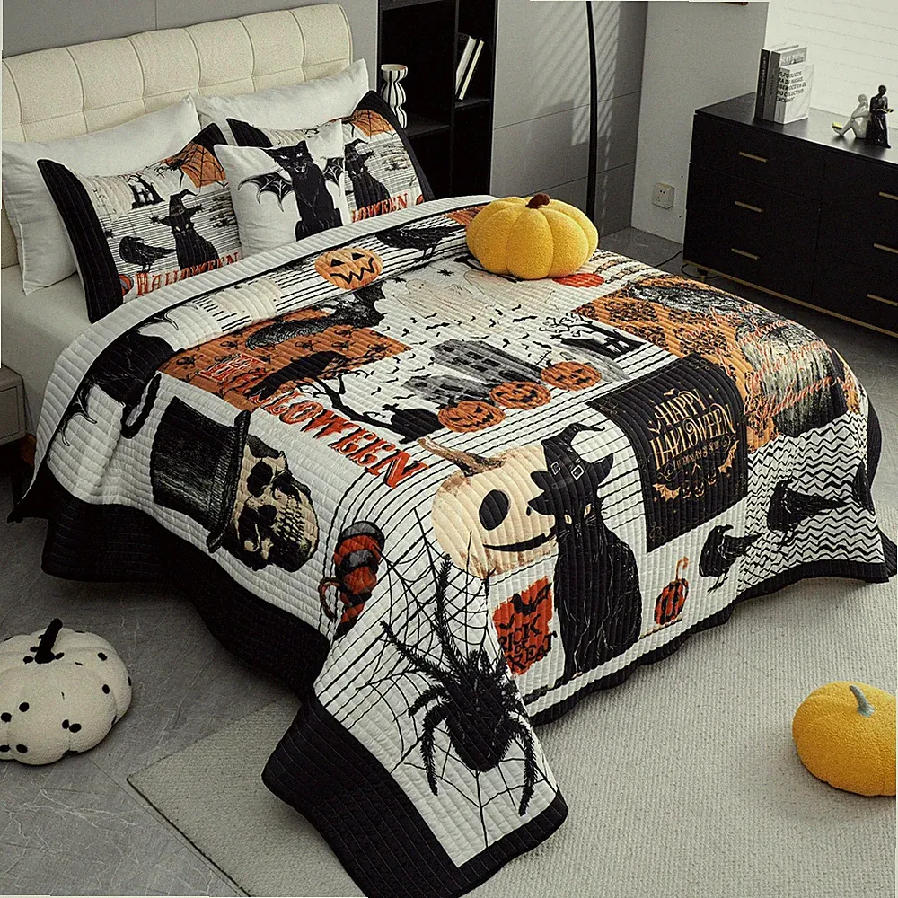 Halloween Quilt Set King Size,Black Reversible Quilt Bedding Set 3PCS,Bat Pum...