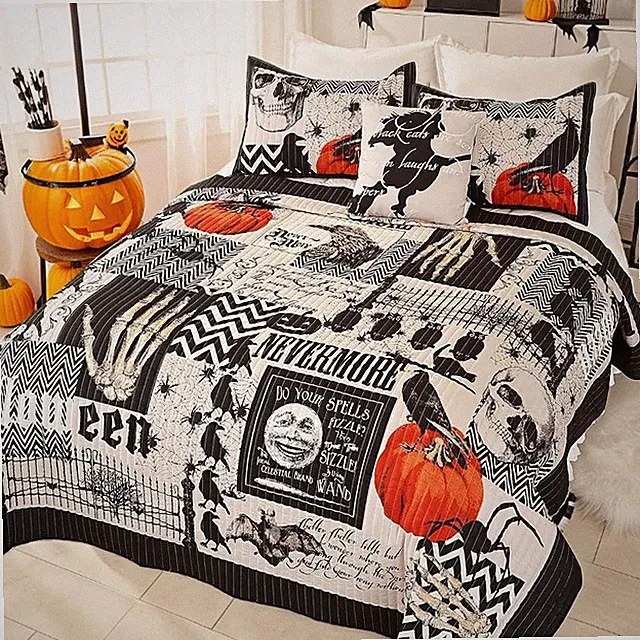 Halloween Quilt Set Queen Size Bedspread with Pillow Shams Festival Themed Be...