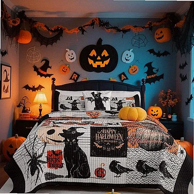 Halloween Theme Queen Size Quilt Bedding Set with 3 Pillow Shams Lightweight...