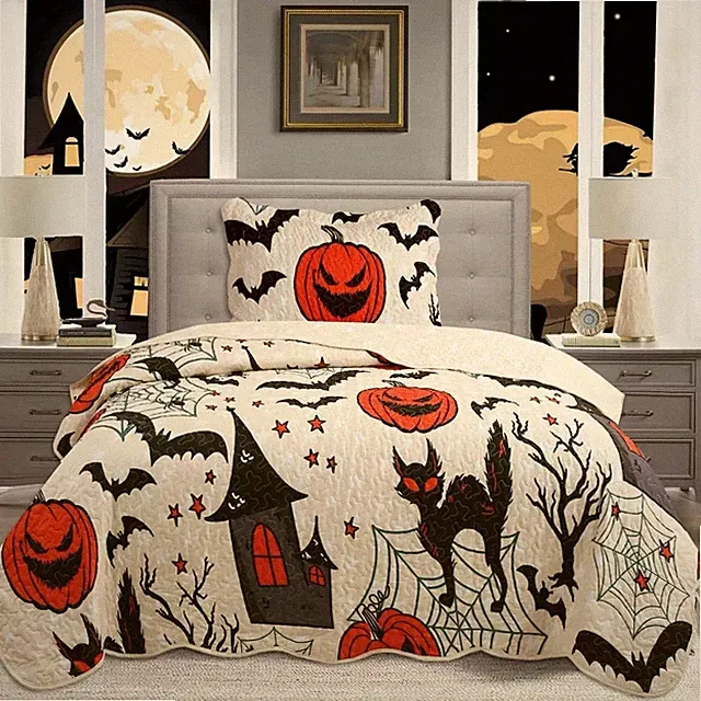 Halloween Themed Quilt Bedspread Set Pumpkins, Black Cats, Bats, Haunted Hous...