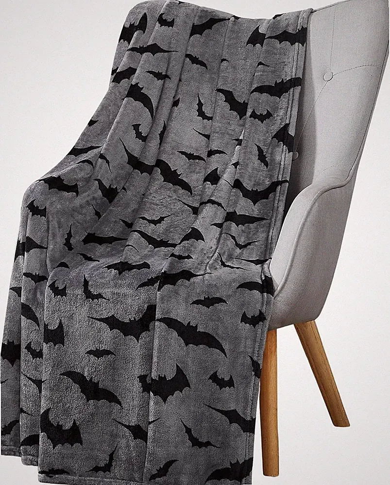 Halloween Throw Blanket : Black Bats on Gray Velvet Soft Fleece Overized Large 7