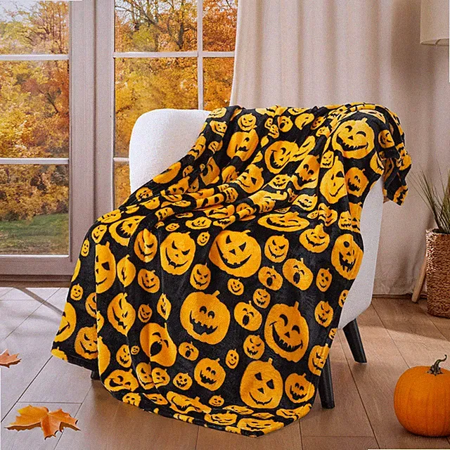 Halloween Throw Blanket Pumpkin Theme Orange Fall Spooky Bats Microfiber Fleece