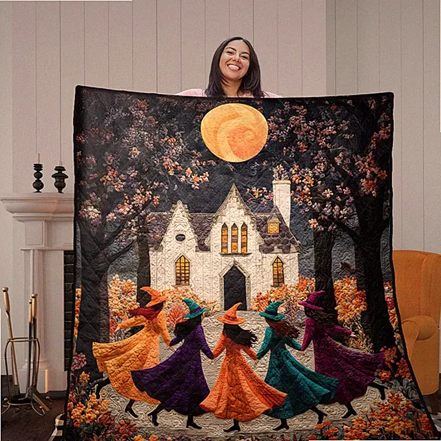 Halloween Witch Quilt Blanket Autumn Full Moon Haunted House Spooky Season Decor
