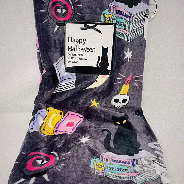 Happy Halloween Plush Throw Blanket 50"x70” Black Cat Magic Spells Poison Books