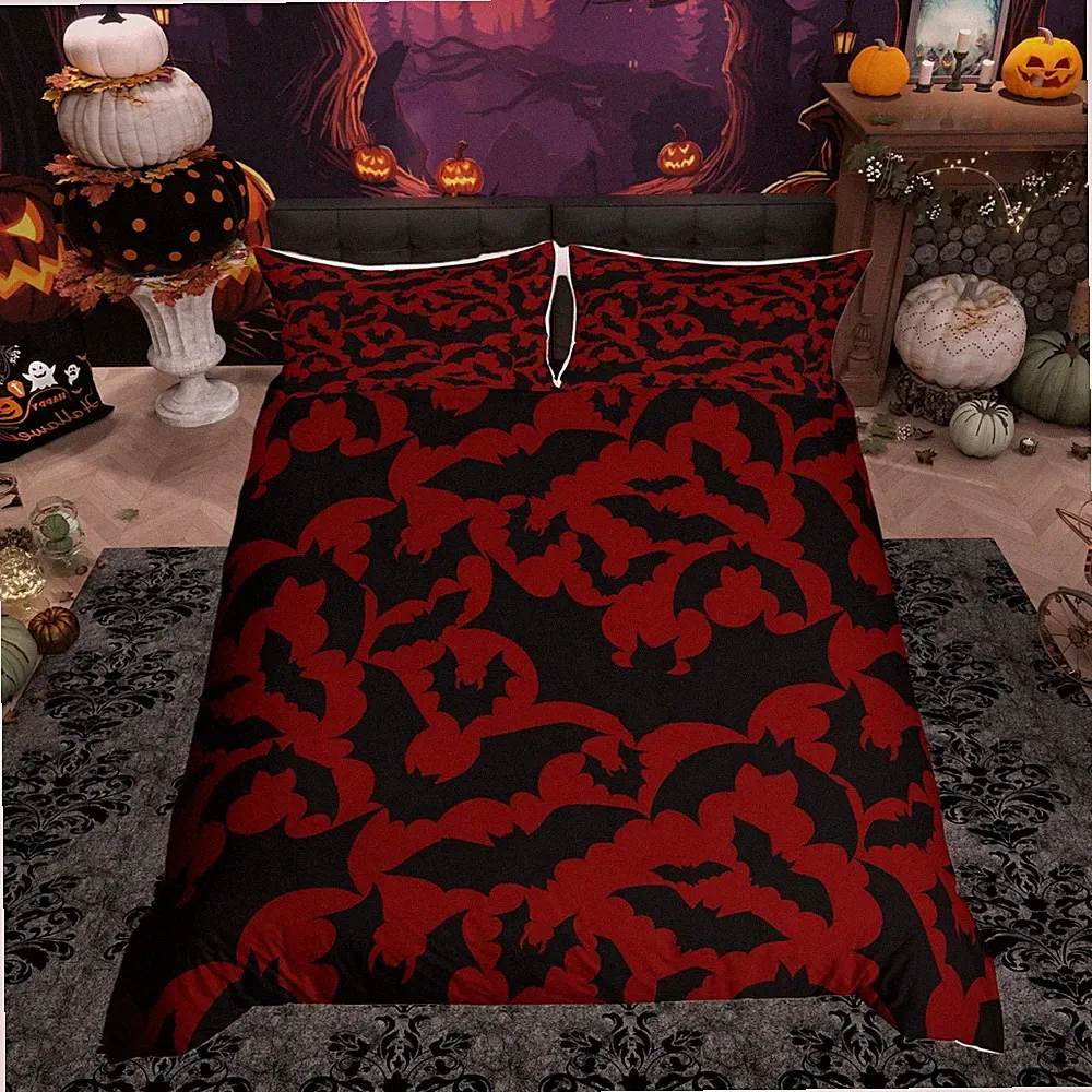 Happy Halloween Queen Duvet Cover Set,Black Bats Animal Silhouette Print Quil...