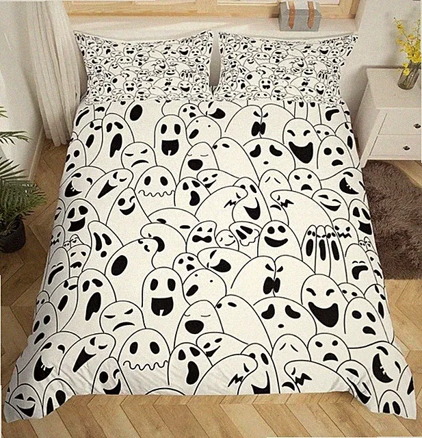 Homewish Ghost Duvet Cover Set Queen 3pc Microfiber Zipper Cartoon Halloween