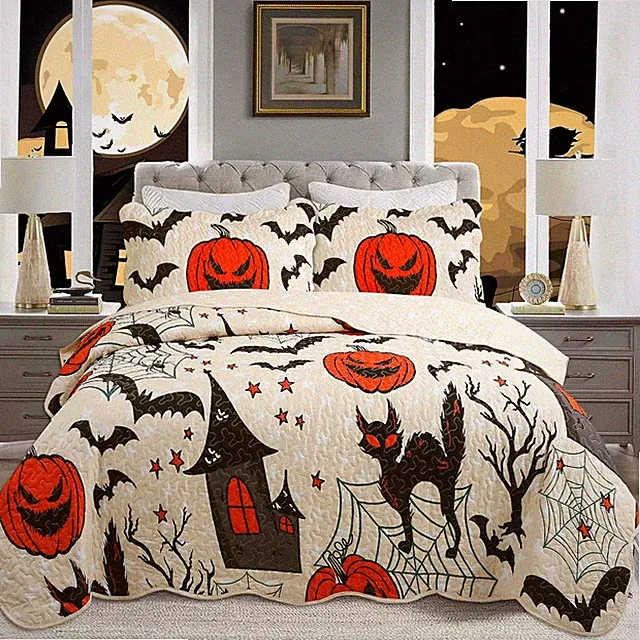 Kids Halloween Themed Quilt Bedspread Set Pumpkins, Black Cats, Bats, Haunted Ho