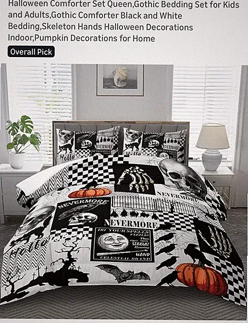 llyxsesty Halloween Comforter Set QueenGothic Bedding Set for Kids and Adults,Go