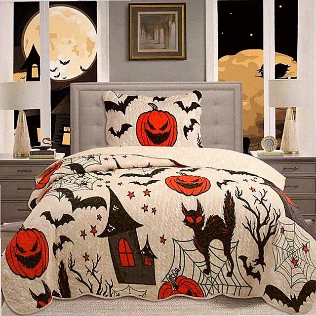 MarCielo Kids Halloween Themed Quilt Bedspread Set Pumpkins, Twin