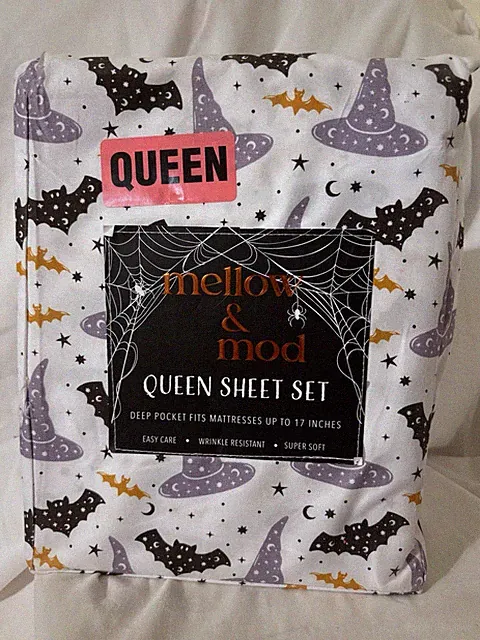 Mellow & Mod Halloween Magic Hats & Bats Queen 4 Pc Deep Pocket Sheet Set New!