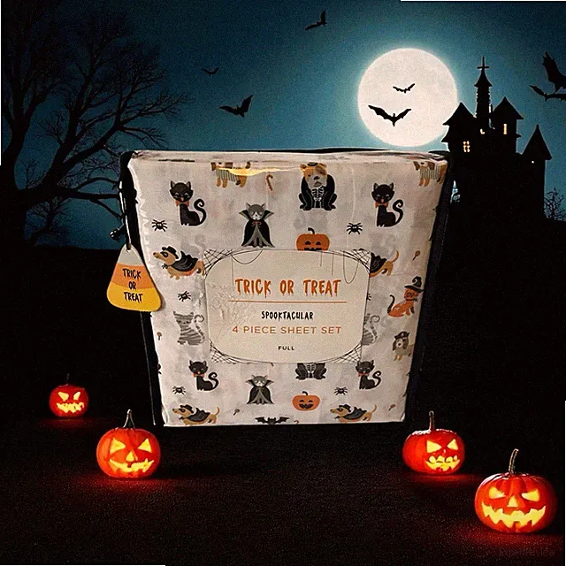 New Trick or Treat Halloween 4 pc Polyester Full Sheet Set Dogs Cats Pumpkin Bat