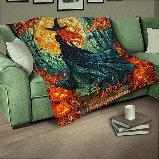 Personalized Halloween Quilt Blanket Witch Pumpkin Fall Throw Spooky Autumn Deco