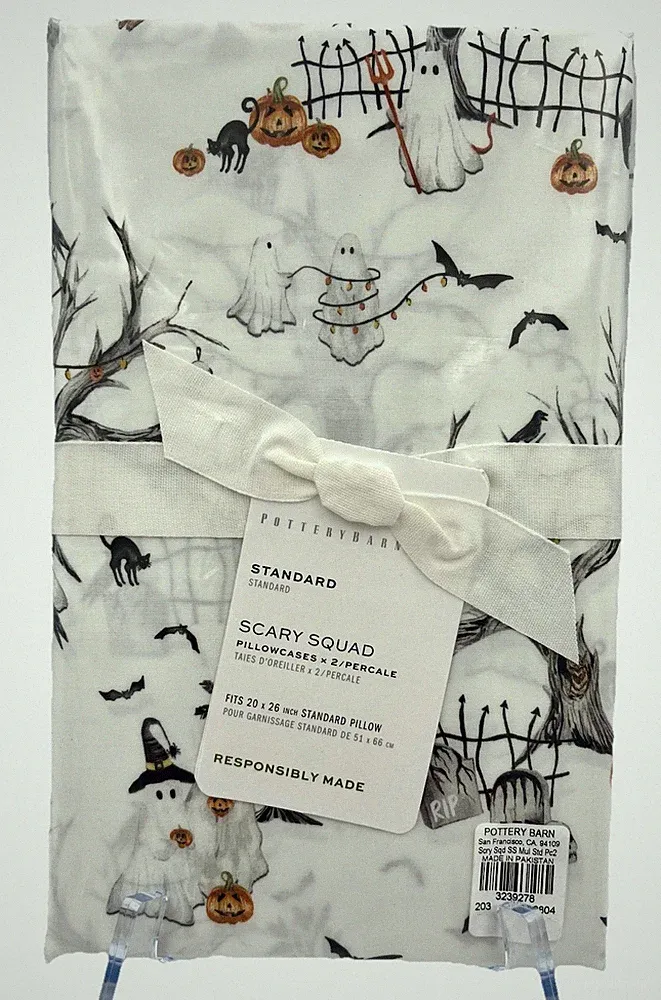 POTTERY BARN SCARY SQUAD STANDARD PILLOWCASES SET 2 NEW HALLOWEEN GHOST CAT