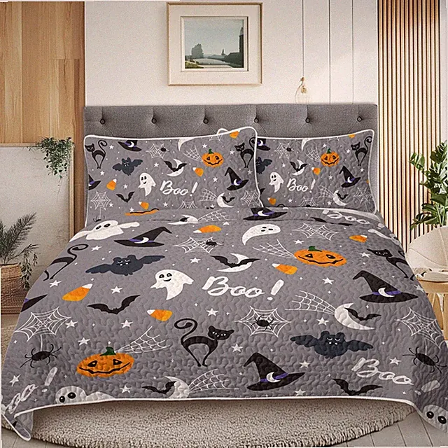 Pumpkin Halloween Patterns Ghost Gray Quilt Set -1 Quilt, 2 Shams