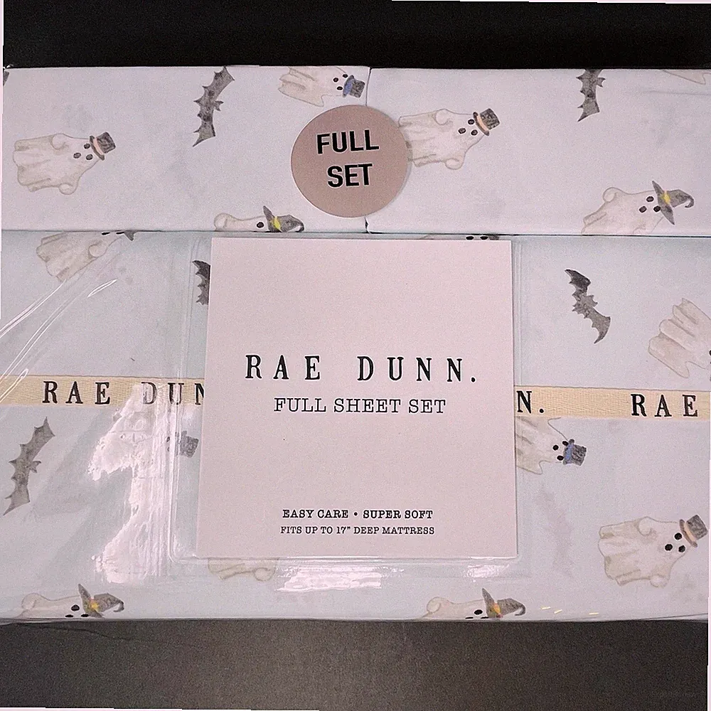 Rae Dunn FULL Size Sheets Set Halloween Ghosts Bats Light Blue Color NEW