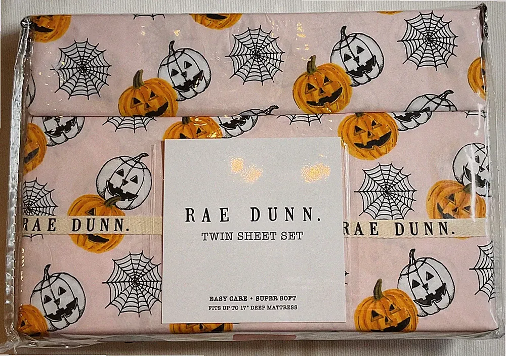 Rae Dunn Halloween TWIN Sheet Set Pink With Jack O Lanterns SPIDER WEBS NIP