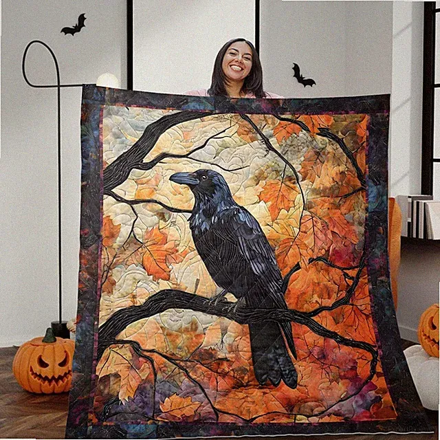 Raven Quilt Blanket Gothic Raven Throw Spooky Halloween Decor Autumn Gift