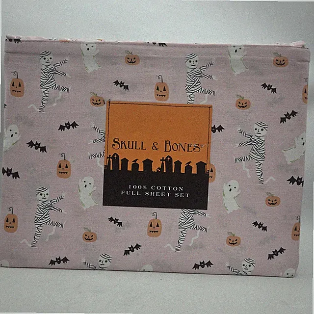 Skull & Bones Full Sheet Set Halloween Pink Ghosts Mummies pumpkins Bats Cotton