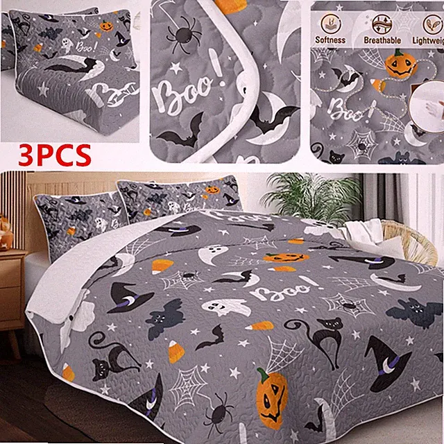 Soft Halloween Quilt Set 3PCS Bat Ghost Pumpkin Coverlet Bedding Set for Bedroom