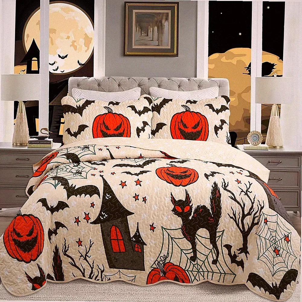 Twin/Full Size Halloween Themed Quilt Bedspread Set Pumpkins, Black Cats Pattern