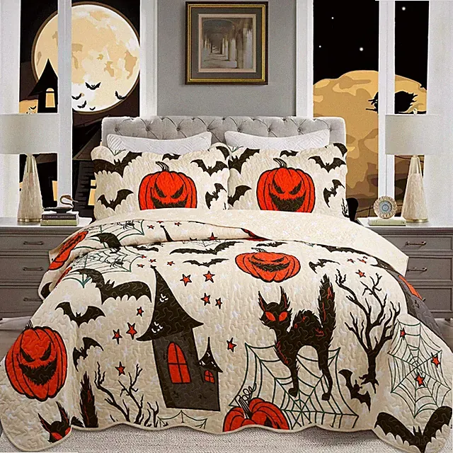 Twin/Full Size Halloween Themed Quilt Coverlet Set Pumpkins, Black Cats Pattern